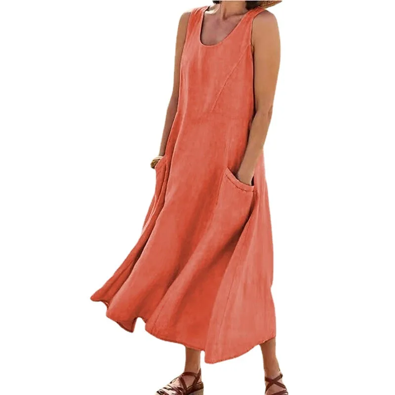 

Chic Women Coton Linen Sundress Summer Female Sleeveless Double Big Pocket Loose Sand Beachwear Long Dress Oversized Vestidos