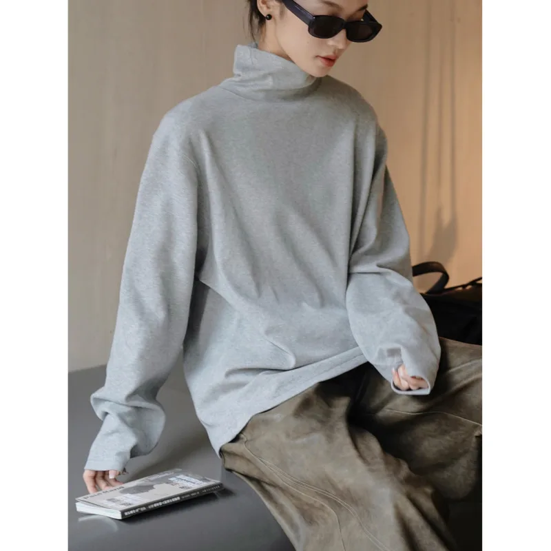

Autumn Winter Casual Brushed Turtleneck Underlay T-shirt Women Loose Thickened Warm Soft Tops Pullovers