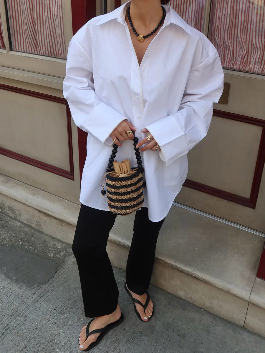 Bornladies Cotton Women's Minimalist White Long Sleeve Shirt New Autumn Lapel Single Breasted Shirts  Loose Blouse