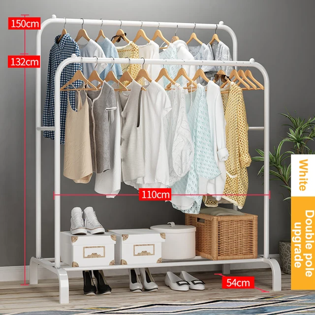 Garment Rack Free-standing Clothes Rack with Top Rod,Coat Rack Clothes, Hanger Wardrobe ,Clothes for Rack Lower Storage W-Double pole-110cm
