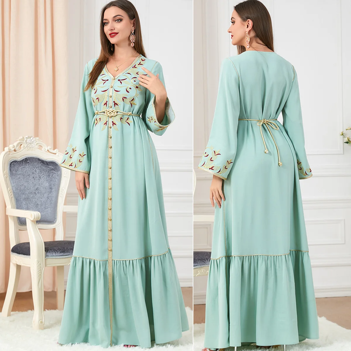 Solid Elegant Floral Gold Stamping Embroidery Chiffon Women Dress Jalabiyat Moroccan Caftan for Women Islamic Belted Clothing
