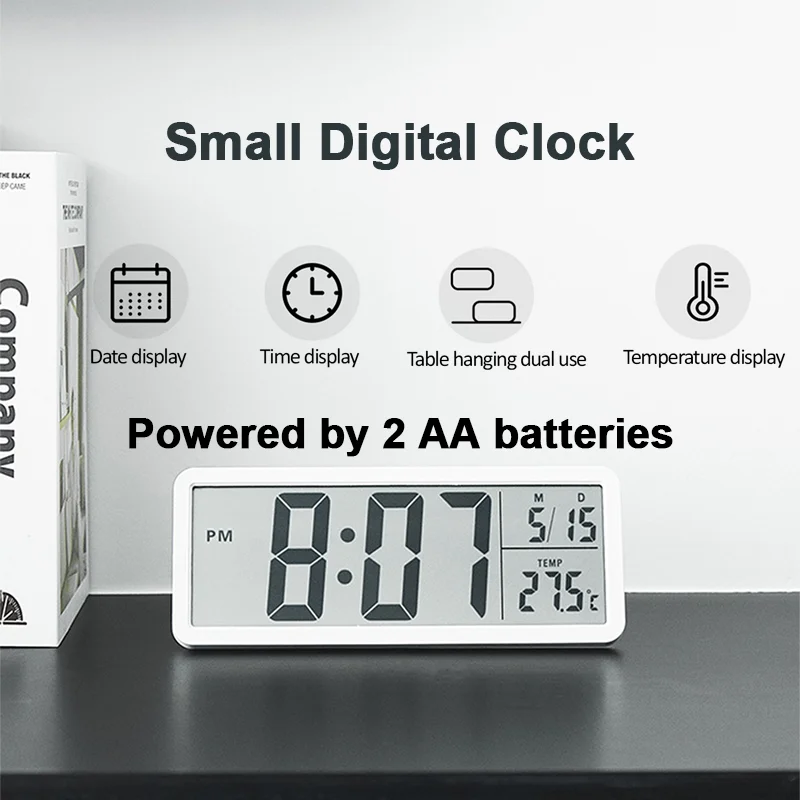 8 Inch Small Digital Clock LCD Electronic Clocks Desk Clock Battery Operated Wall-mounted/Time/Date/Temp for Kids Bedroom Office