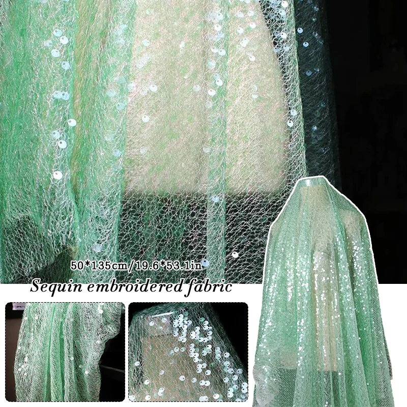 

50x135cm Green Sequin Mesh Fabric Glitter Illusion Fashion Texture Room Background Cloth DIY Sewing Material For Custume Dress