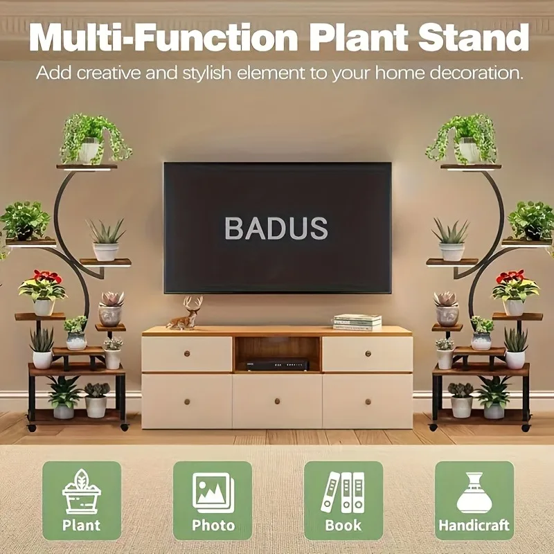 Metal Plant Rack Premium 8-Tier Adjustable Indoor Stand with Grow Lights & Wooden Shelves