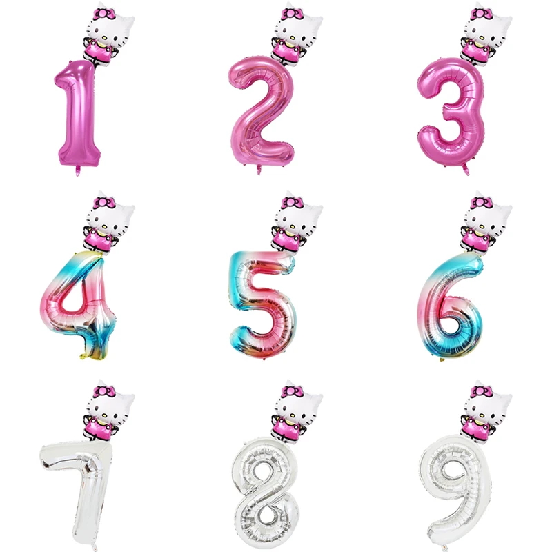 2 Pezzi Cartoon Hello Kitty Foil Balloons Set Hello Kitty Decorazioni Per Feste Di Compleanno Palloncini Per Bambini Numero Baby Shower Globos Toy
