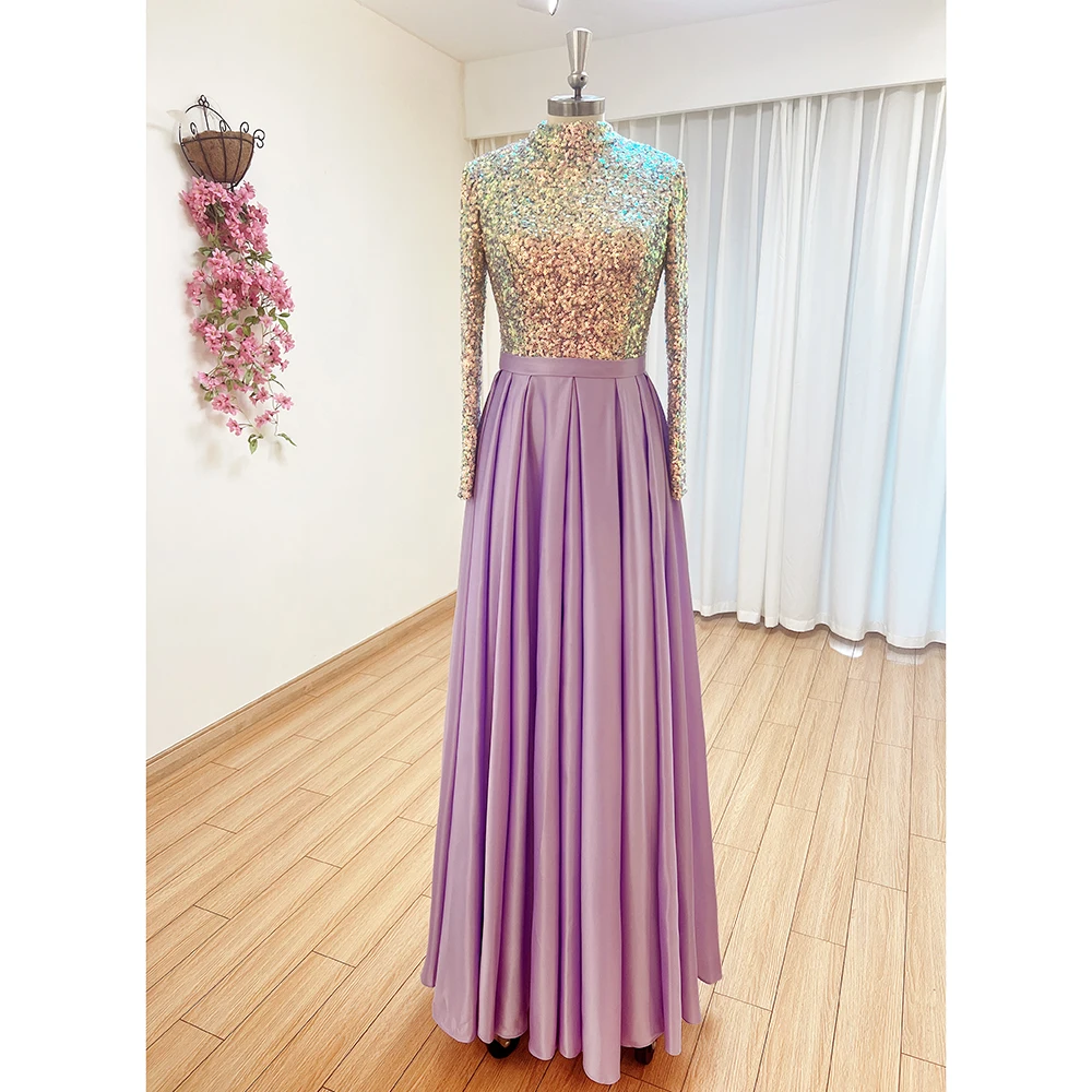 Elegant Muslim Sequin Evening Night Dresses for Women Long Sleeves Sweetheart Aline Satin Wedding Prom Formal Party Gowns