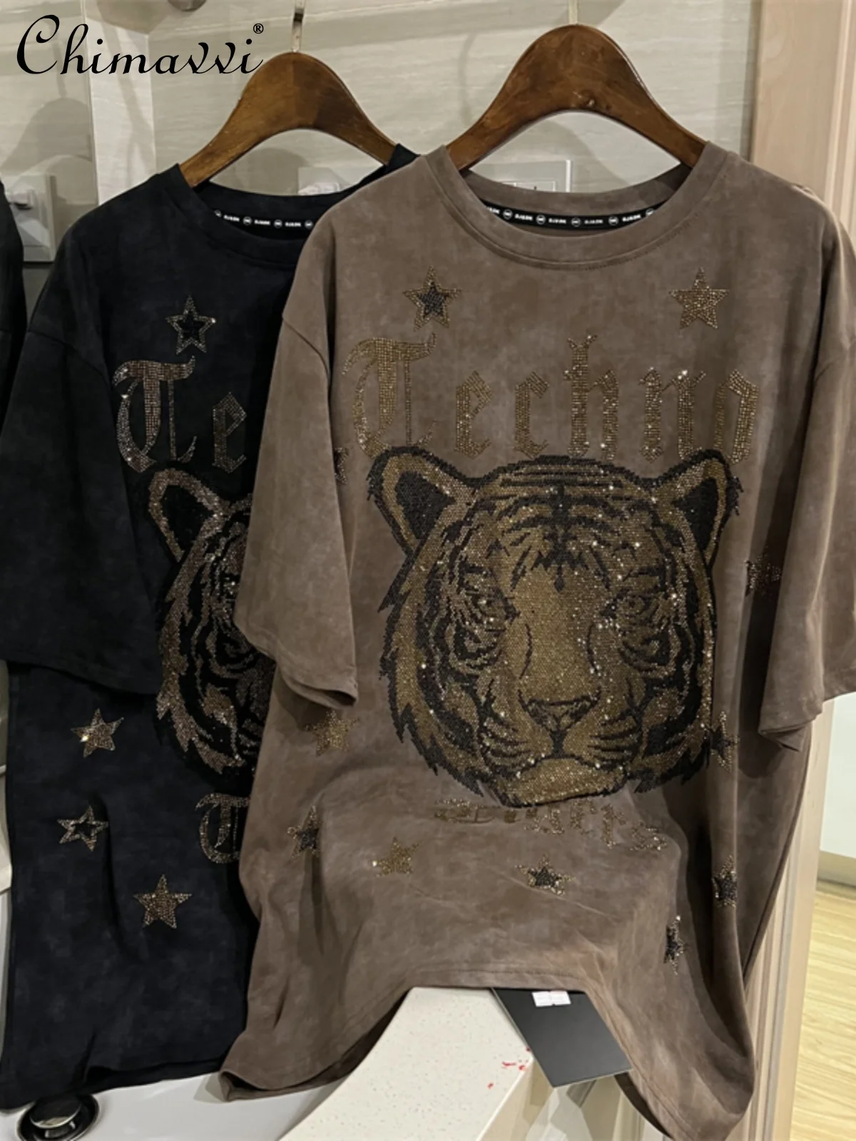 

Heavy Rhinestone Short Sleeve T-shirt Summer New Fashion Round Neck Loose Tiger Head Oversized Loose-Fit T-shirt Top Streetwear