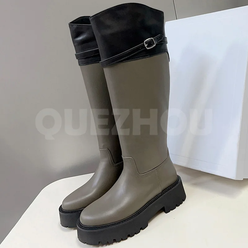 

Woman Long Boots Autumn Winter Genuine Leather Upper Platform Design Round Toe Increase High Boots Concise Versatile Women Shoes