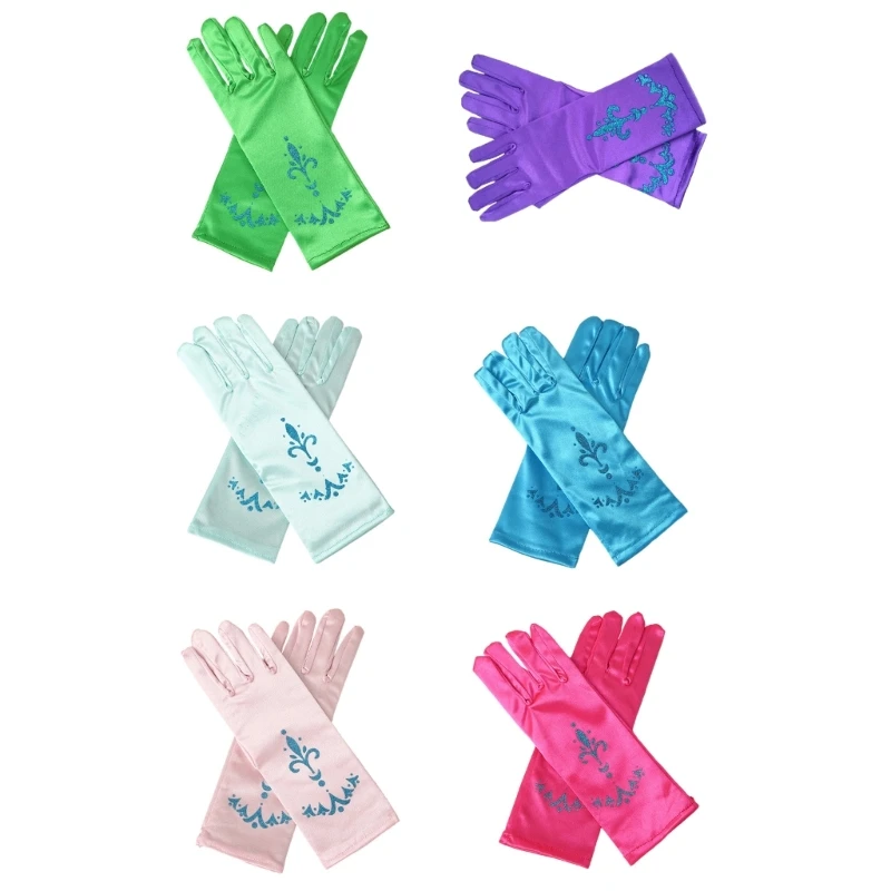 Girls Ice Princess Long Silky Gloves Sequins Print Snow Queen Dress Up Gloves