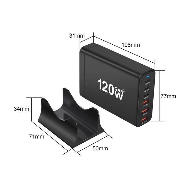 120W GAN Multi USB Charging Station 6 Port Hub Type C Charger PD Fast Charging Station Smart charger For iPhone Samsung Xiaom 6