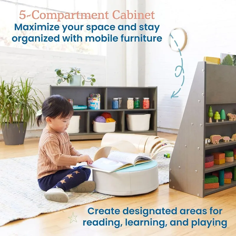 ECR4Kids 5-Compartment Mobile Storage Cabinet, 24in, Classroom Furniture, Grey Wash