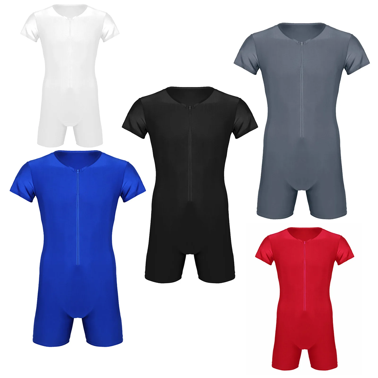 Mens One-piece swimsuit Short Sleeve Front Zipper Boxer Briefs Bodysuit Leotard Underwear Male Swim Wear