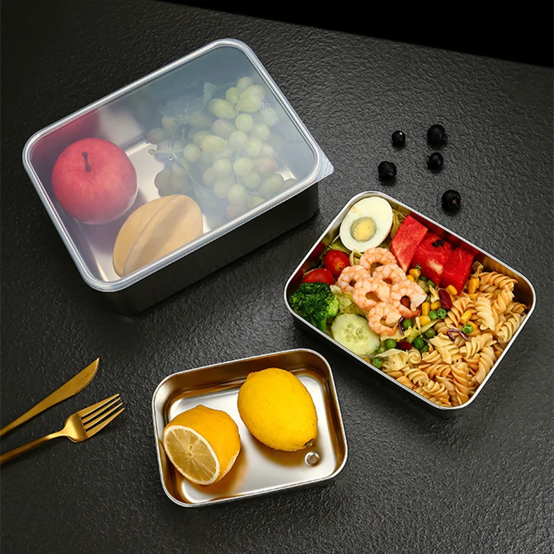 304 Stainless Steel Fresh-Keeping Food Storage Tray with Lid Refrigerator Fruits Sealing Box Meal Case Kitchen Bento Container