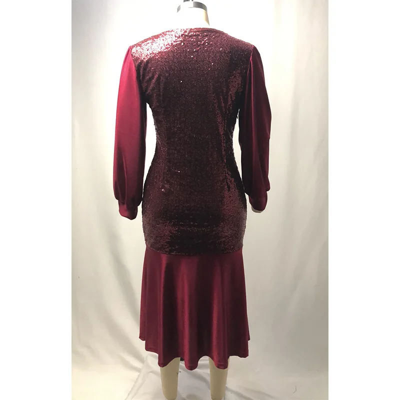 Autumn Evening Party Sexy V-Neck Sequined Patchwork Solid Slim Long Sleeve Zipper Higt Waist Fishtail Dresses Plus Size Women