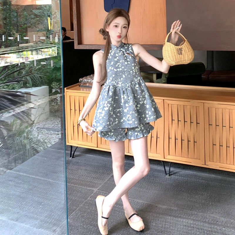 Summer Maternity Pants Sets Chinese Style Pregnant Woman Clothes Set Vintage Floral A-line Tops Shirts Belly Shorts Twinset