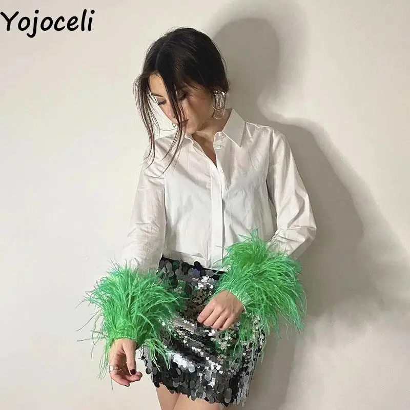 

Yojoceli Fashion feathers women spring white blouse Sexy cool daily party club blouse Button casual cute blusas tops