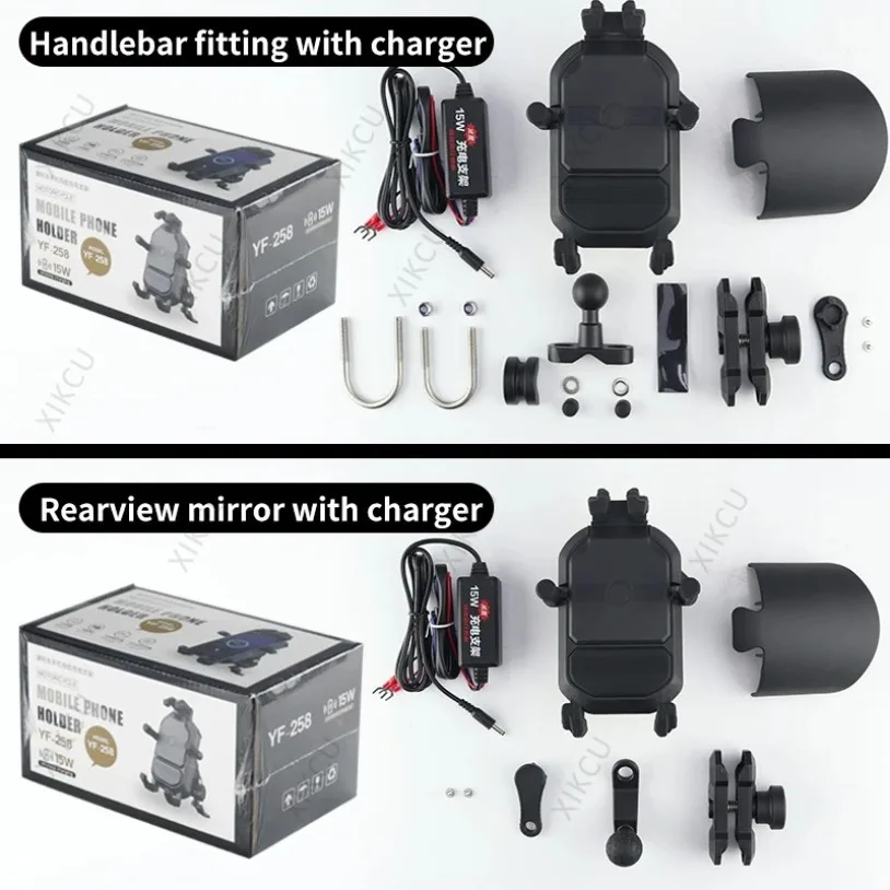 15W Light Blocking Shockproof Motorcycle Phone Holder Wireless Charger Handlebar Mirror for Smartphone Bicycle Motorbike Stand