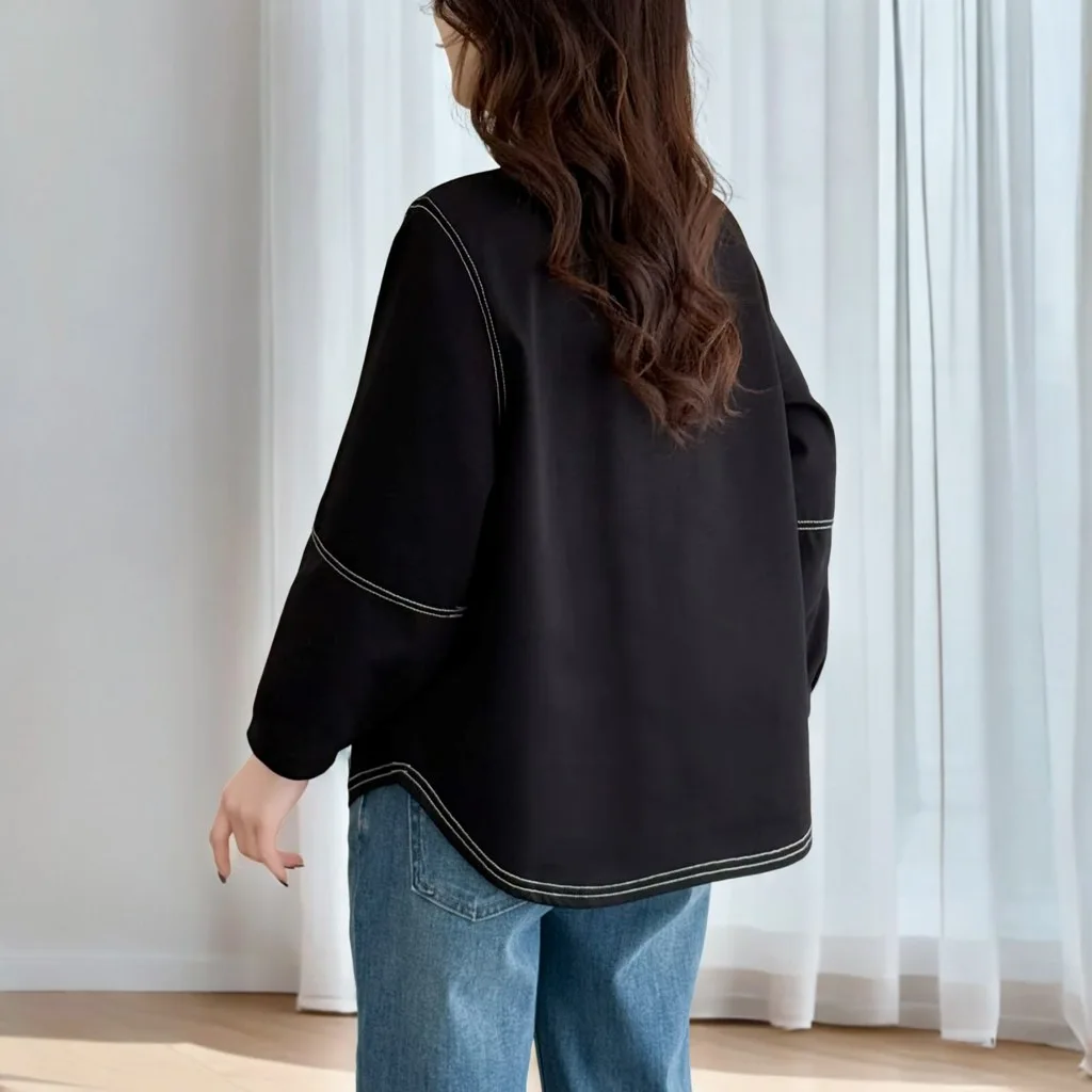 Spring 100kg Plus Size Top New Bright Line Lantern 3/4 Sleeved Women's Slimming T-shirt 2501