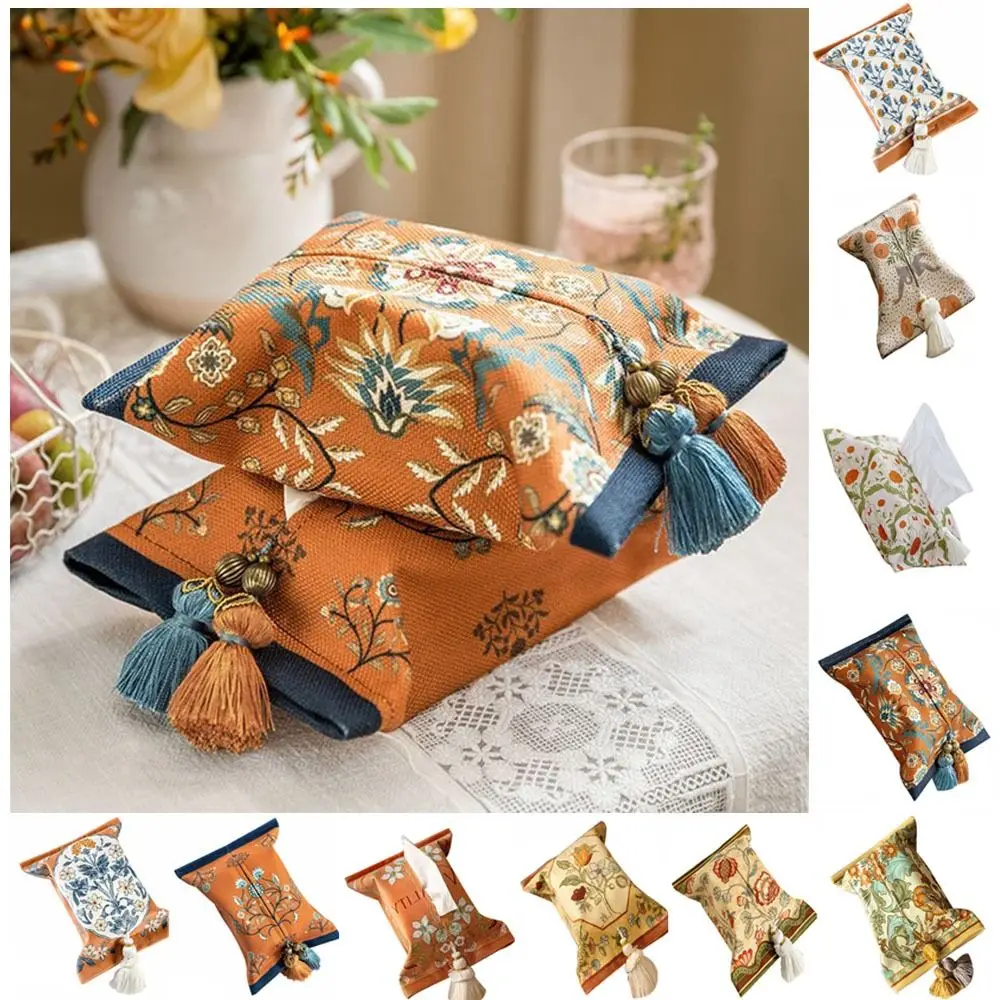 Description Picture 2 of itemRetro 18x24cm Short Plush Tissue Bag American Floral Tissue Box Holder Decorative Reusable Napkin Paper Box Bathroom