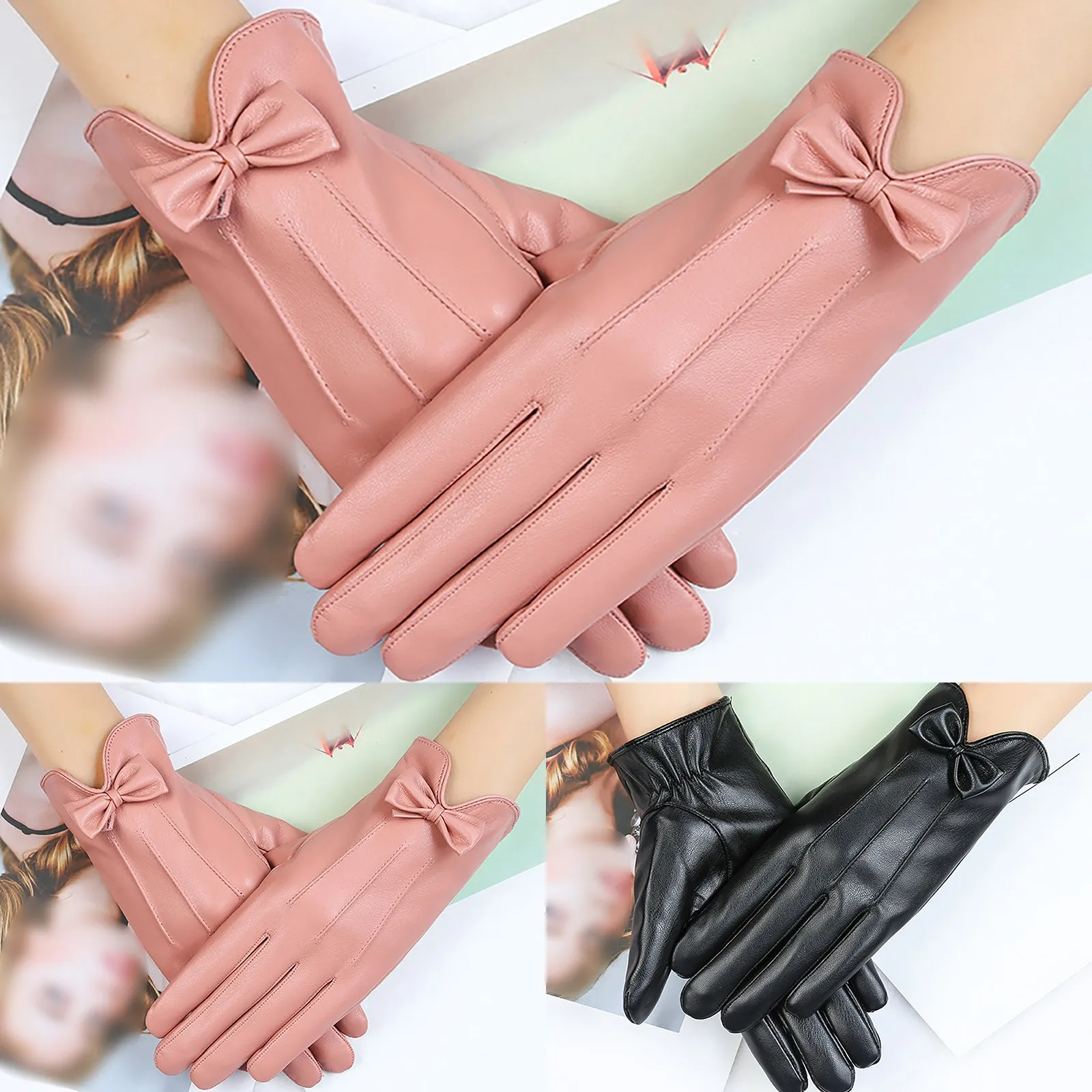

Fashion Lace Butterfly Embroidery Fleece Lined Gloves Womens Leather Windproof Non-Slip Touchscreen Outdoors Womens Gloves