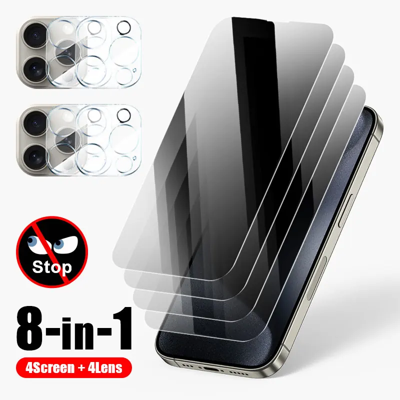 

8in 1 Camera Lens Privacy Glass smartphone for iPhone 13 mini 12 11 pro max 15 plus 14 tempered glass screen protector on glass