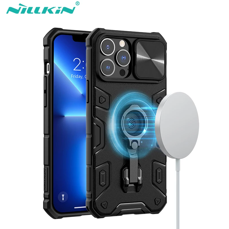 

Original NILLKIN Military Magnetic Wireless Ring Bracket Shell For iPhone 13 14 Pro Max Case CamShield Armor Slide Camera Cover