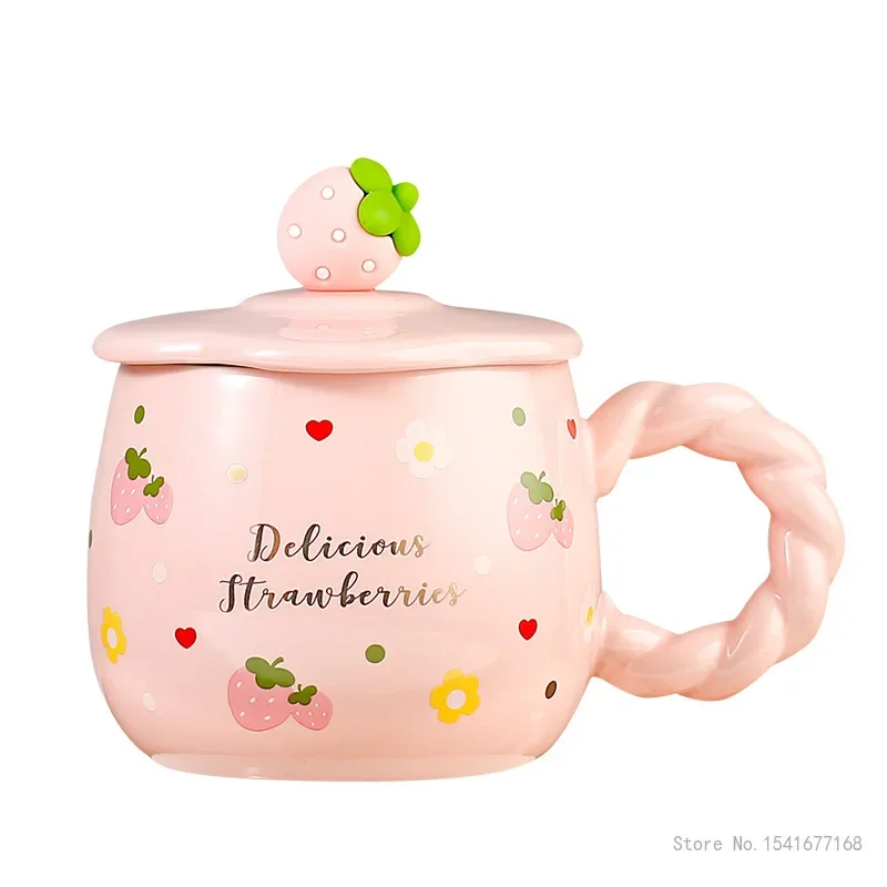 Creative Ceramic Cartoon Strawberry Pattern Milk Cup, with Cover, Chinese Style Home Office Supplies, Handle, Breakfast Mug, 1Pc