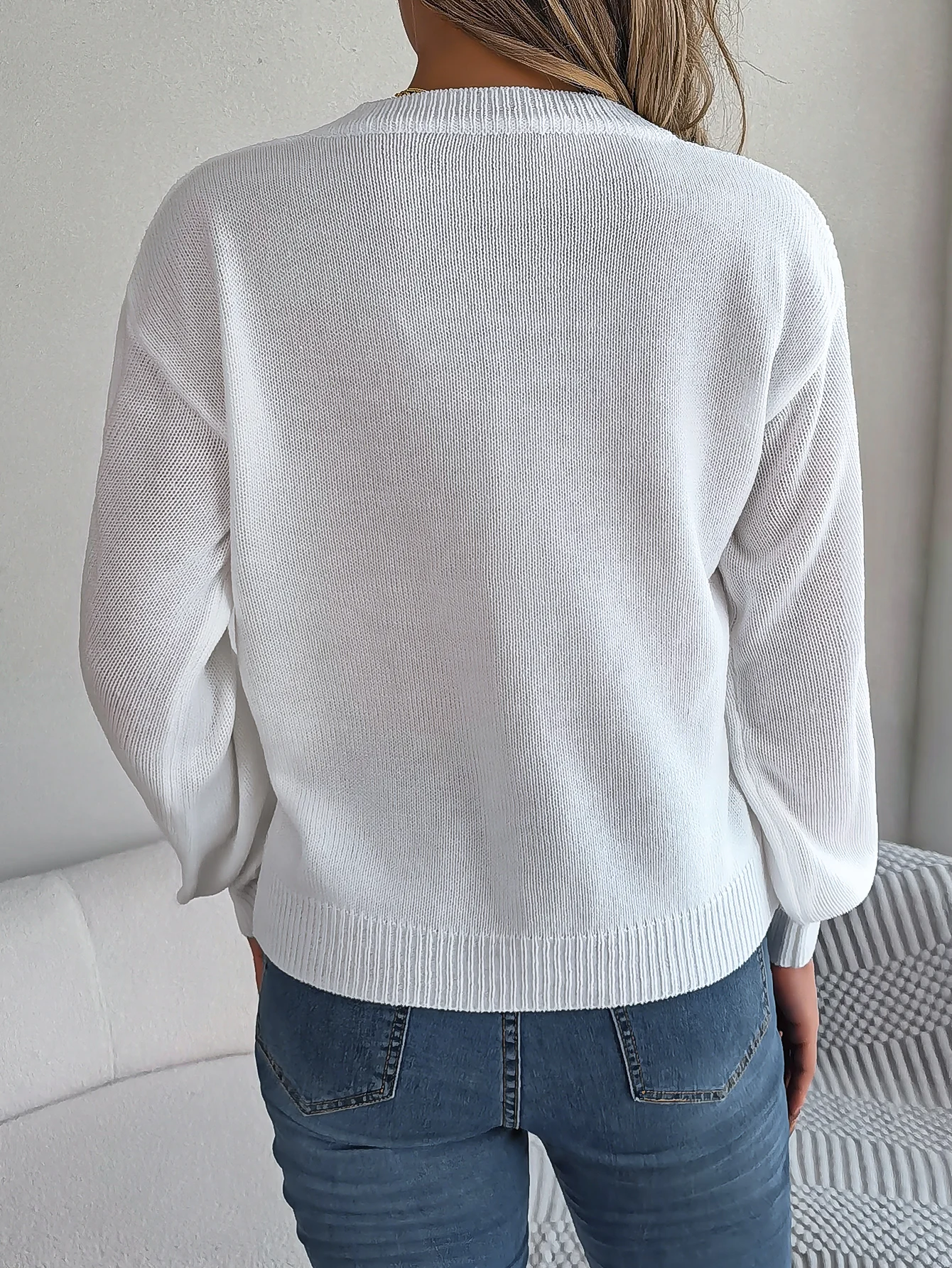 Women V Neck Knitted Sweater Pink White Khaki Grey Lantern Long Sleeve