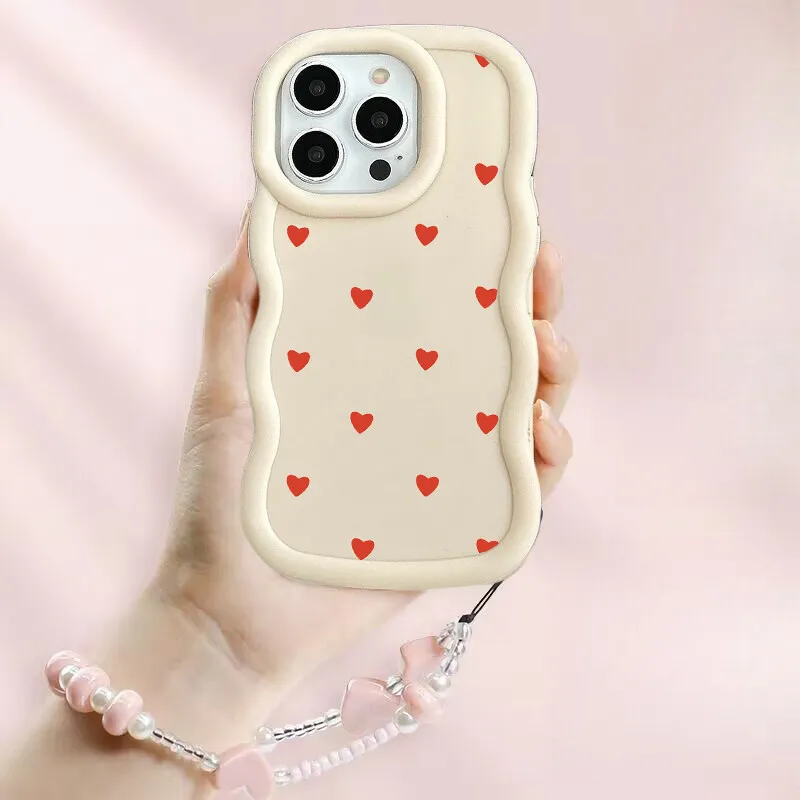 Heart Design Phone Case with Bracelet Chain and Soft Candy Wave Edge