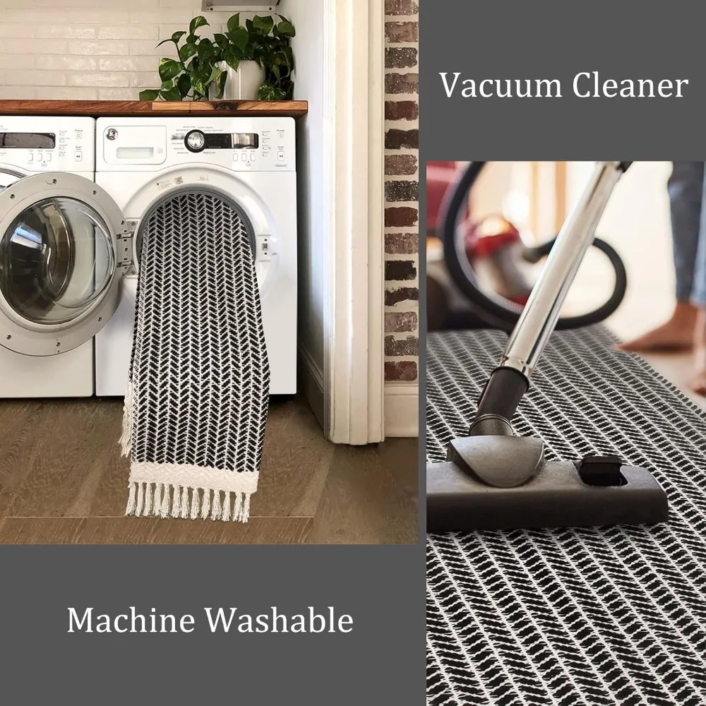 Boho Bathroom Rugs, Small 2x3 Front Door Mat Lightweight Kitchen Rug Woven Cotton Area Rug with Tassels, Farmhouse Washable Bla