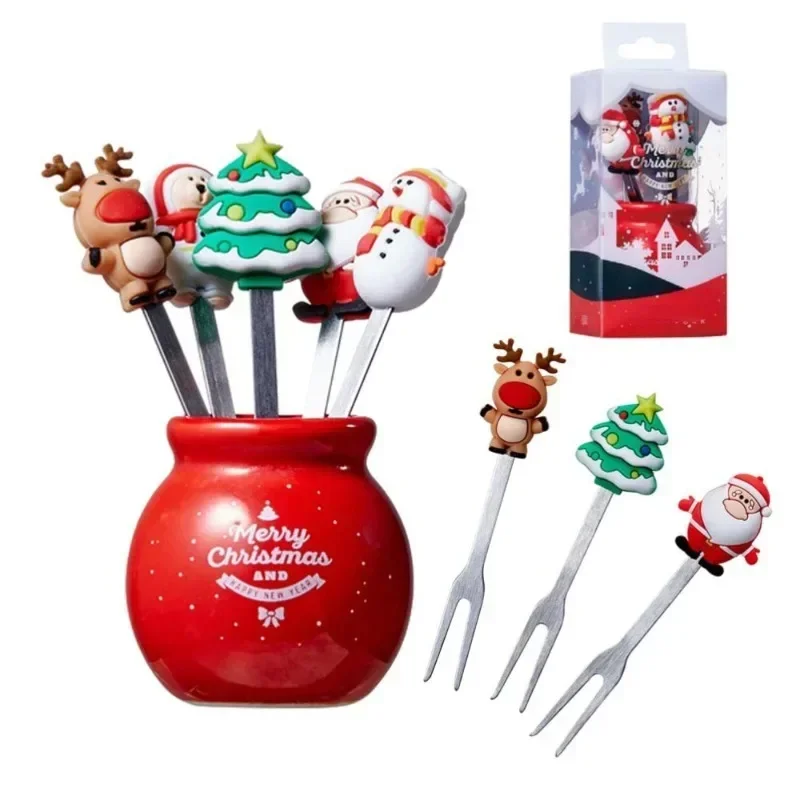 5pcs Christmas Theme Fruit Fork Stainless Steel Fruit Fork Set Salad Cutlery Kitchen Gadget Feliz Navidad Kid Favor for Festival