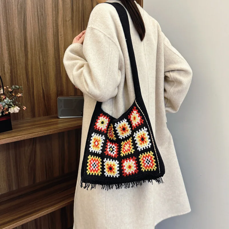 Colorful Boho Chic Granny Square Crochet Woven Handbags For Women Beige Blue Market Bag Vintage Style Hippie Summer Beach Purse