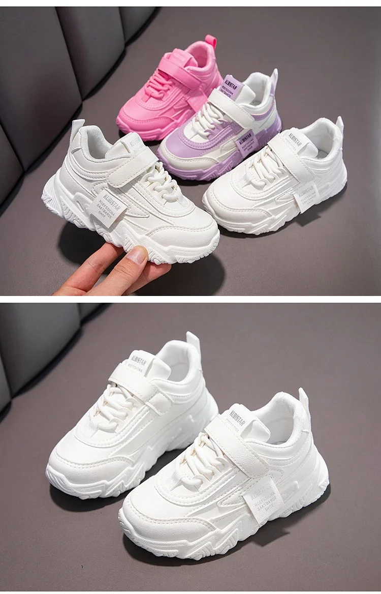 2024 New Versatile Soft Breatheable Hook & Loop White Boys and Girls Children Sneakers Cute Korean Style Uniform School Shoes