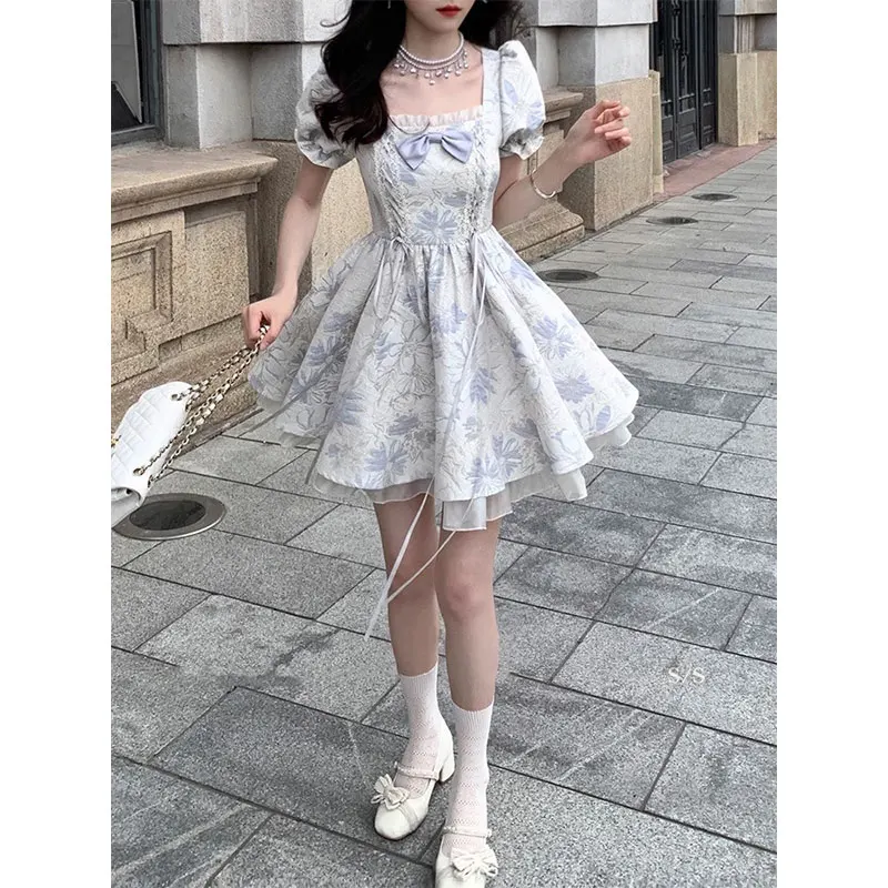 

Summer Sweet Prince Dress Vintage Short Sleeve Square Collar Lolita Bow Dress Female Sundress Party A Line Mini Dress Vestido