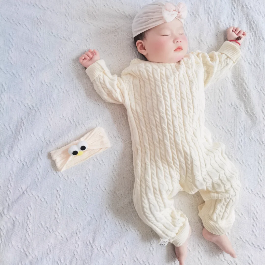 Kleinkind-Babykleidung: Kabel-Strick-Strampler 0-24M für Neugeborene Jungen und Mädchen, Warmer Gestrickter Einteiler mit Elastischen Bündchen und Seitenknöpfen, Herbst-Freizeit-Jumpsuit – Detail 3