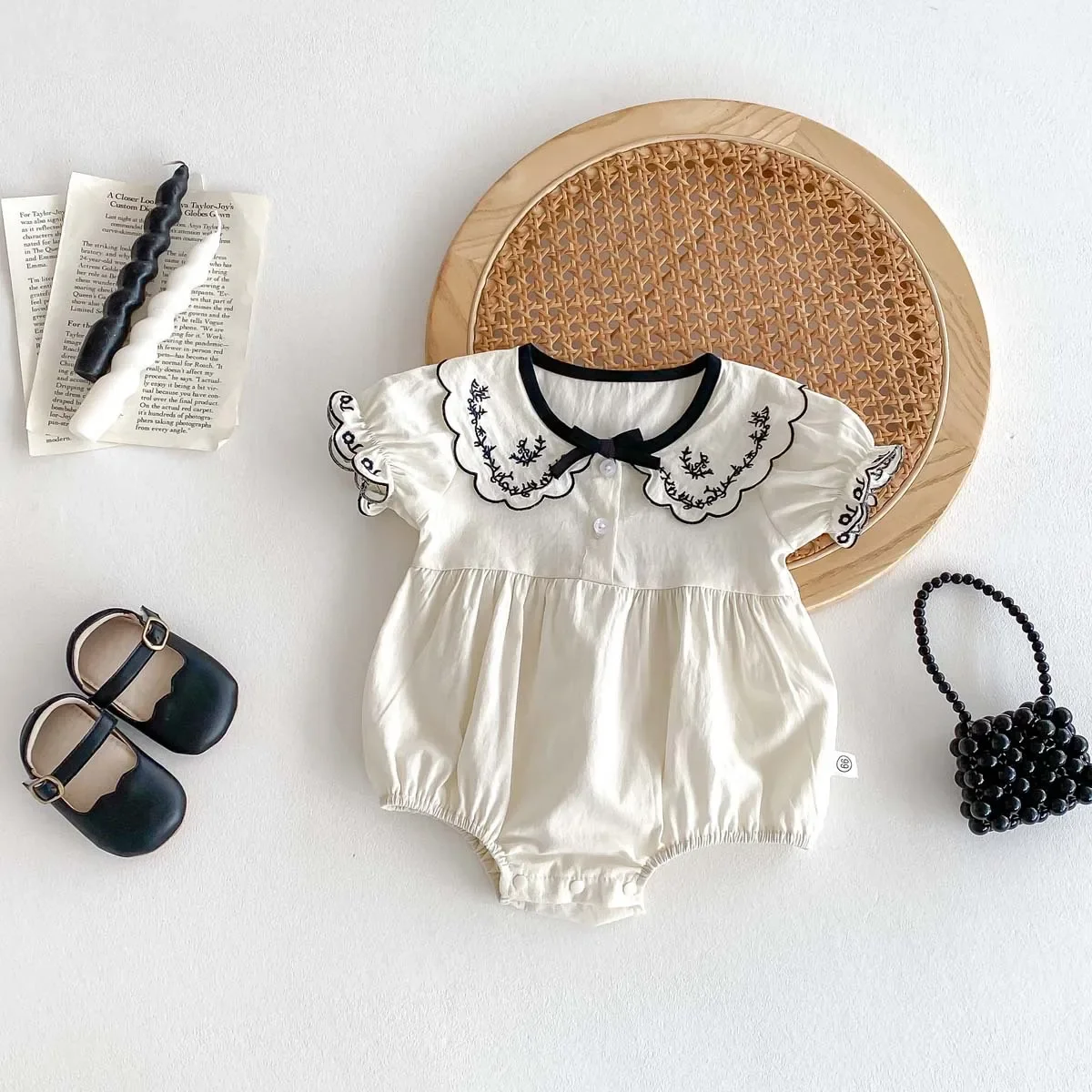 Summer Thin Embroidered Baby Romper Short Sleeve Bib Overalls Butterfly Knot Wrap Baby Girl Clothes Cotton Onesie Babygrow