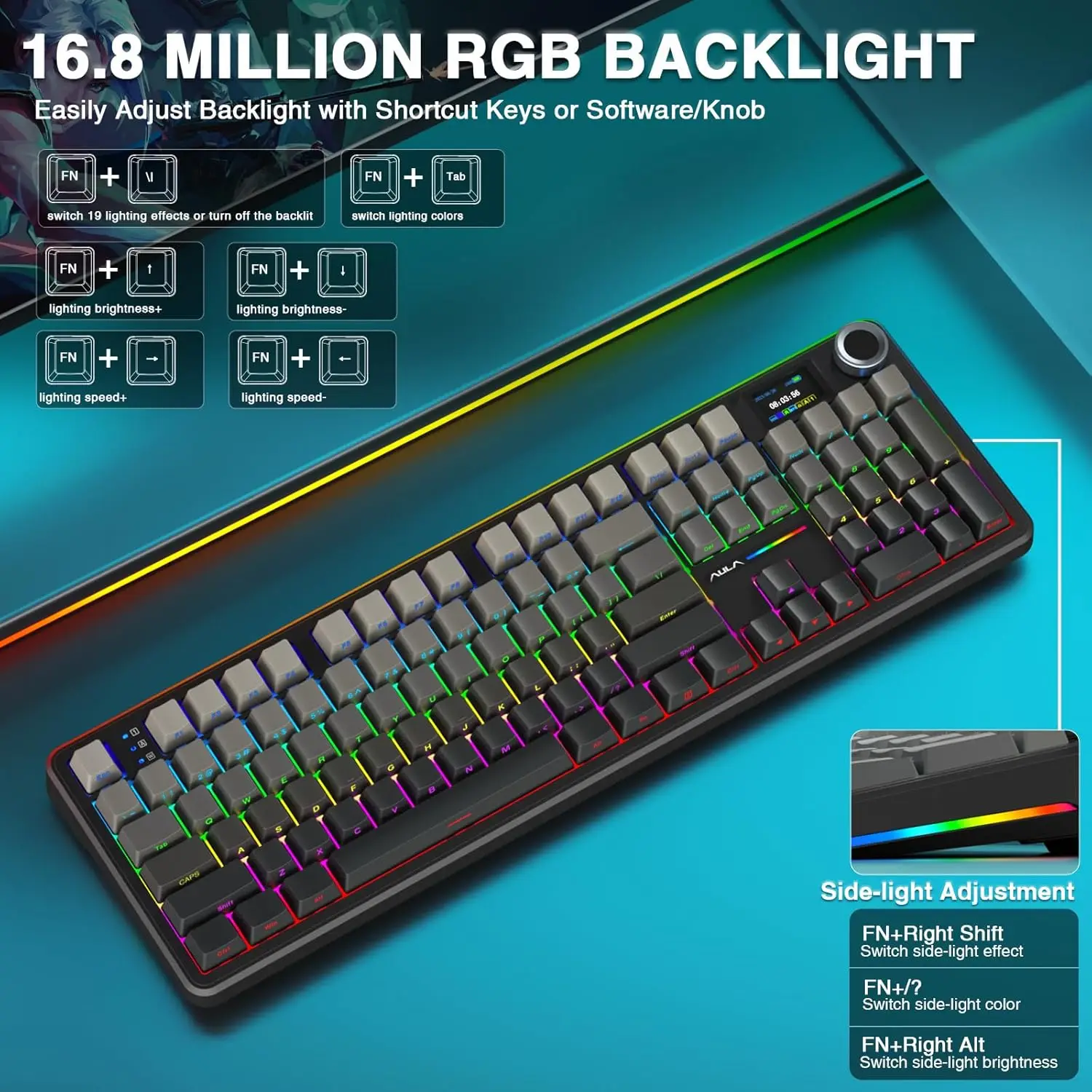 AULA F108 PRO 무선 기계식 키보드 (스크린 노브 포함) 풀 사이즈 8000mAh 배터리 RGB 백라이트 핫스왑 가능 게이밍 키보드
