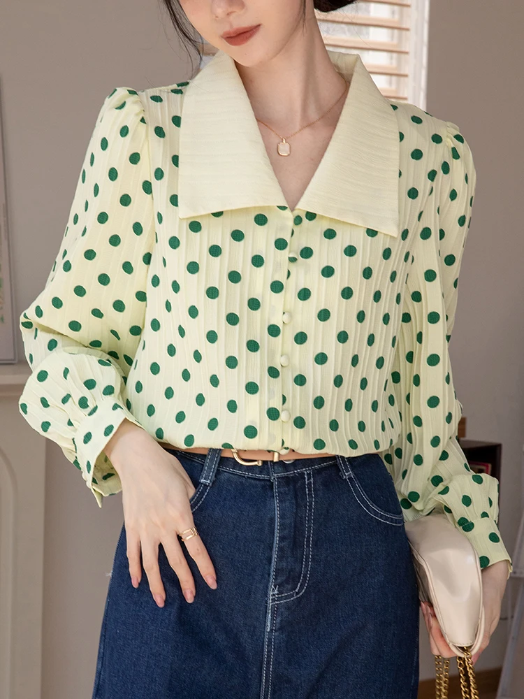 

QOERLIN Retro Classic Polka Dot Shirts Women 2024 New Spring Fall Long Sleeve Printed Blouse Female Big Lapel Tops Button Down