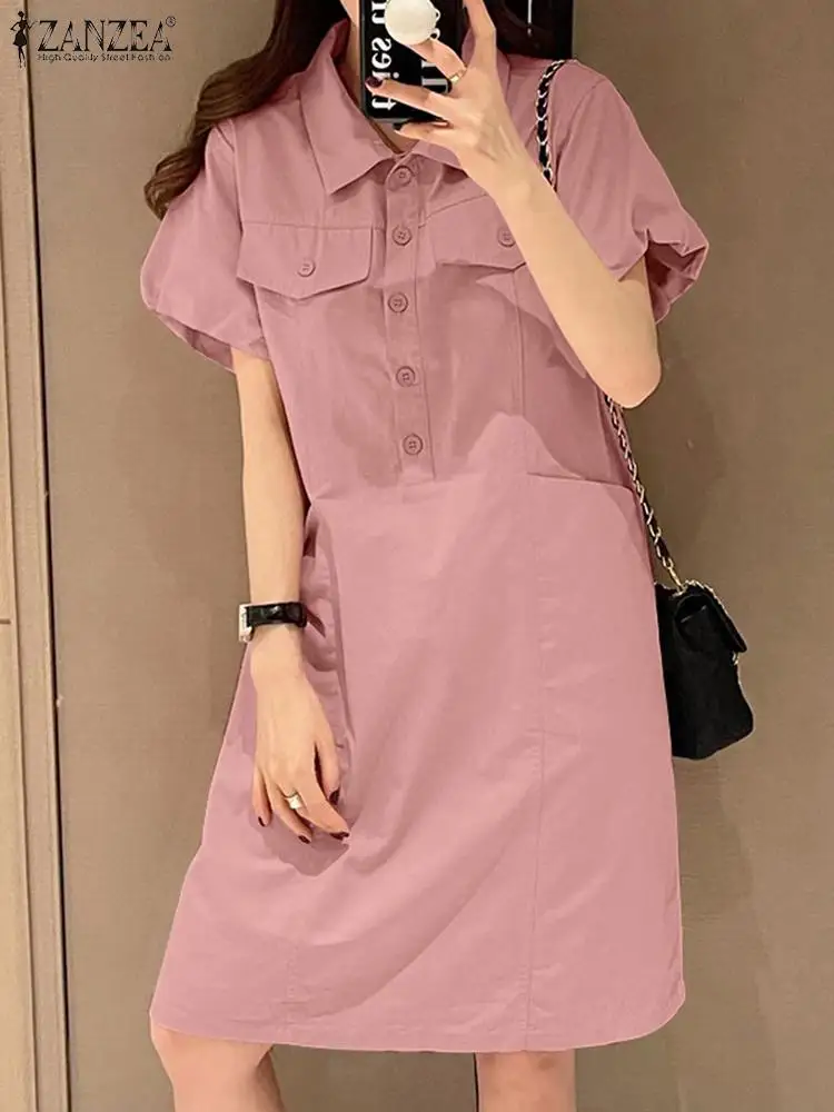 

Summer Elegant Shirt Dress Women Sundress ZANZEA Casual Puff Sleeve Vestidos Female Work Office Dresses Solid Knee Length Robe