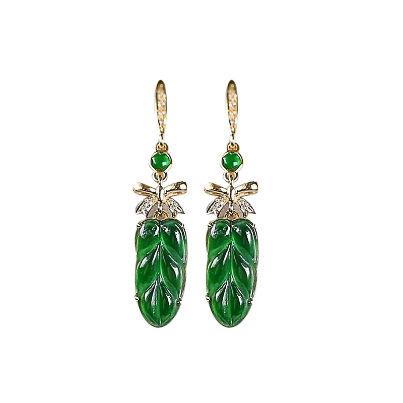 New S925 Silver Green Jade Chalcedony Leaf Earrings