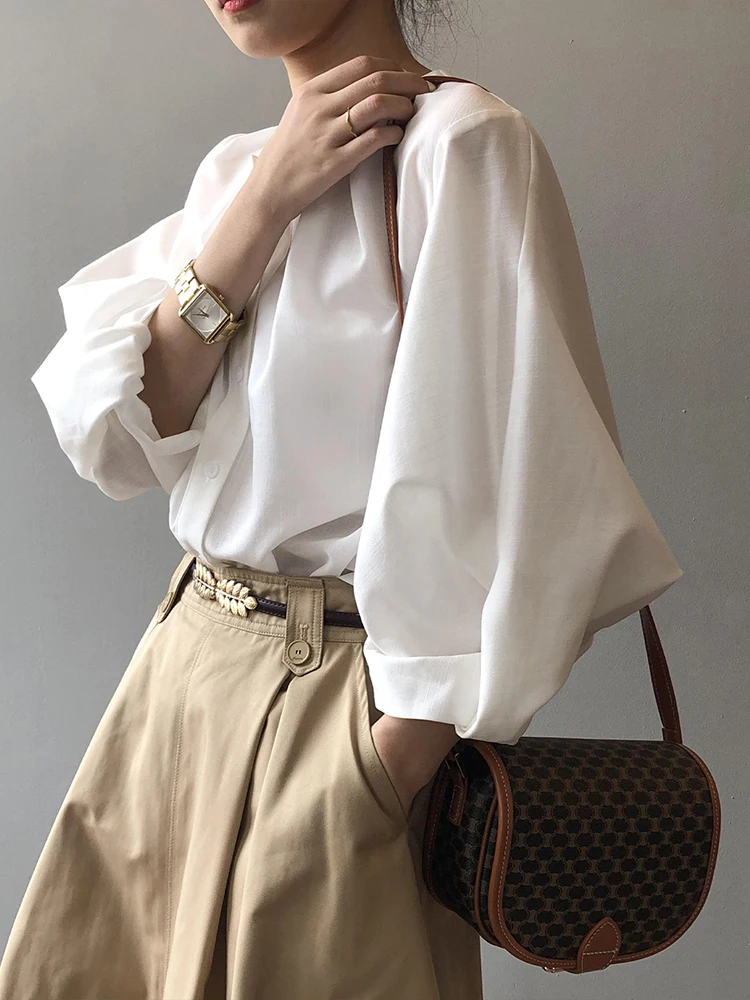 QOERLIN Designer Linen Minimalism Elegant White Shirt Single-Breasted Button Up Blouse Loose 2023 Spring New Tops Lantern Sleeve