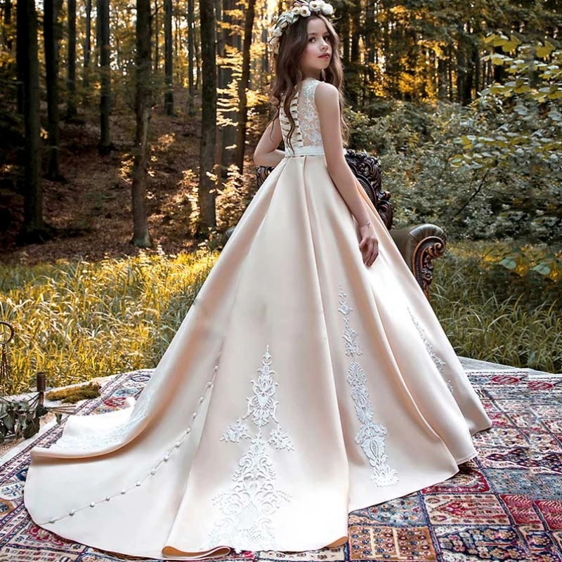 Champagner Blumen mädchen Kleider Satin weiß Applikationen Muster ärmel los für Hochzeit Geburtstags feier Bankett Prinzessin Kleider