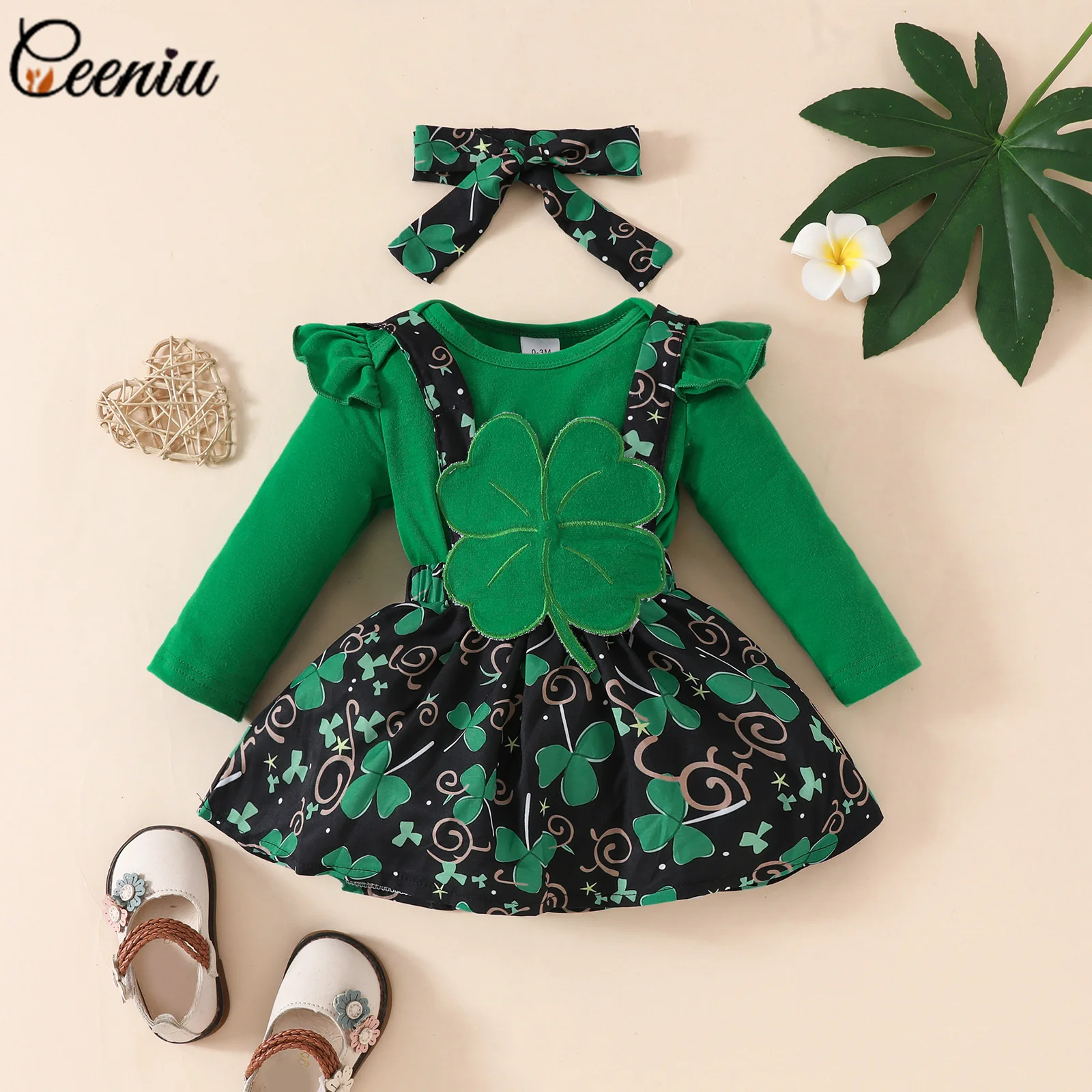 Ceeniu My First St Patricks Day Baby Costume Allover Print Romper+Green Clover Corduroy Dress For Girls Spring Baby Outfit Sets 5