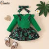 Ceeniu My First St Patricks Day Baby Costume Allover Print Romper+Green Clover Corduroy Dress For Girls Spring Baby Outfit Sets 5