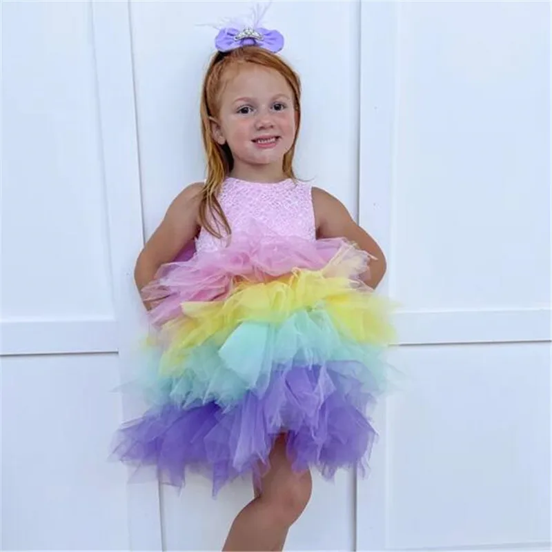 

Puffy Multi-Colored Flower Girl Dresses Kid Party Gown Layered Skirt Princess Birthday Pageant Dress Robe De Demoiselle