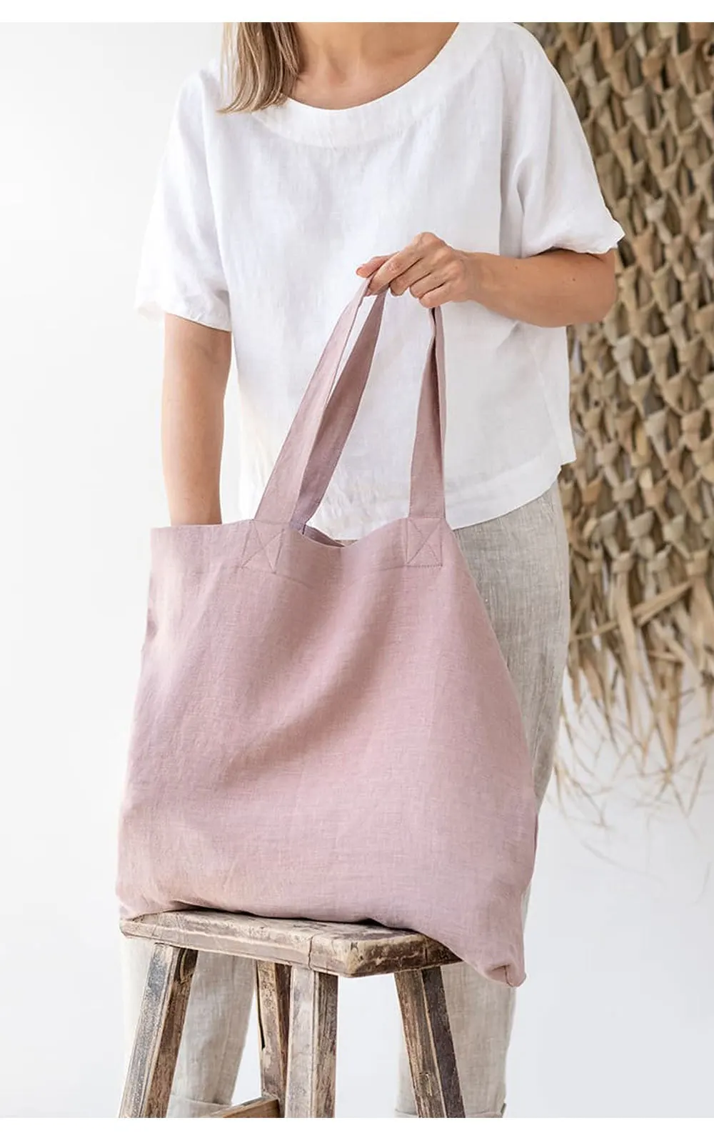French Dew Retting Leinen 100 % reines Hanf Supermarkt Umwelt Stoff Tasche Träger faltbare tragbare Einkaufstasche Frauen