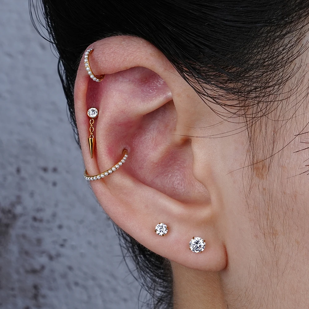Right Grand ASTM F136 Titanium Bezel CZ Dangle Cone Labret Cartilage Earring Conch Helix Stud Tragus Spike Chain Drop Earring