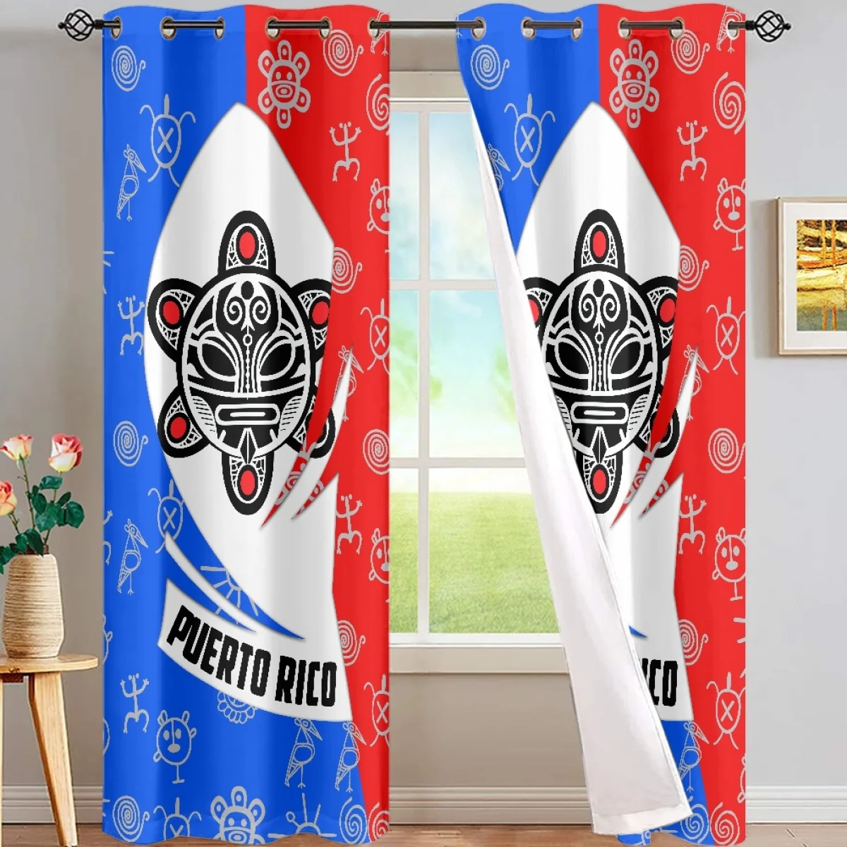 

Home Decoration CUSTOM Polyester Curtains For Living Room Puerto Rico Sol Taino Sun Flag Blackout Curtain For Bedroom 2PCS