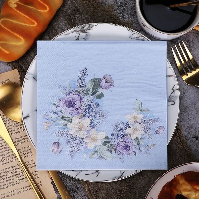 33cm 2-Ply Blue White Flower Printed Blue Napkins Party Colorful Paper Cup Flower Folding DIY Decoupage Paper 10/20pcs paper napkins tissue paper decoration