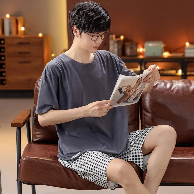 Pajamas Men Cotton Short-sleeved Summer Men Teen Homewear 2-Piece Suit Breathable Casual Loungewear Homme